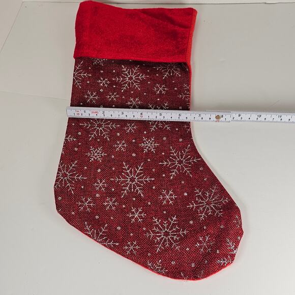 Red Christmas Stocking Glitter Silver Snowflakes 16" Hanging Holiday Decor - Picture 6 of 14